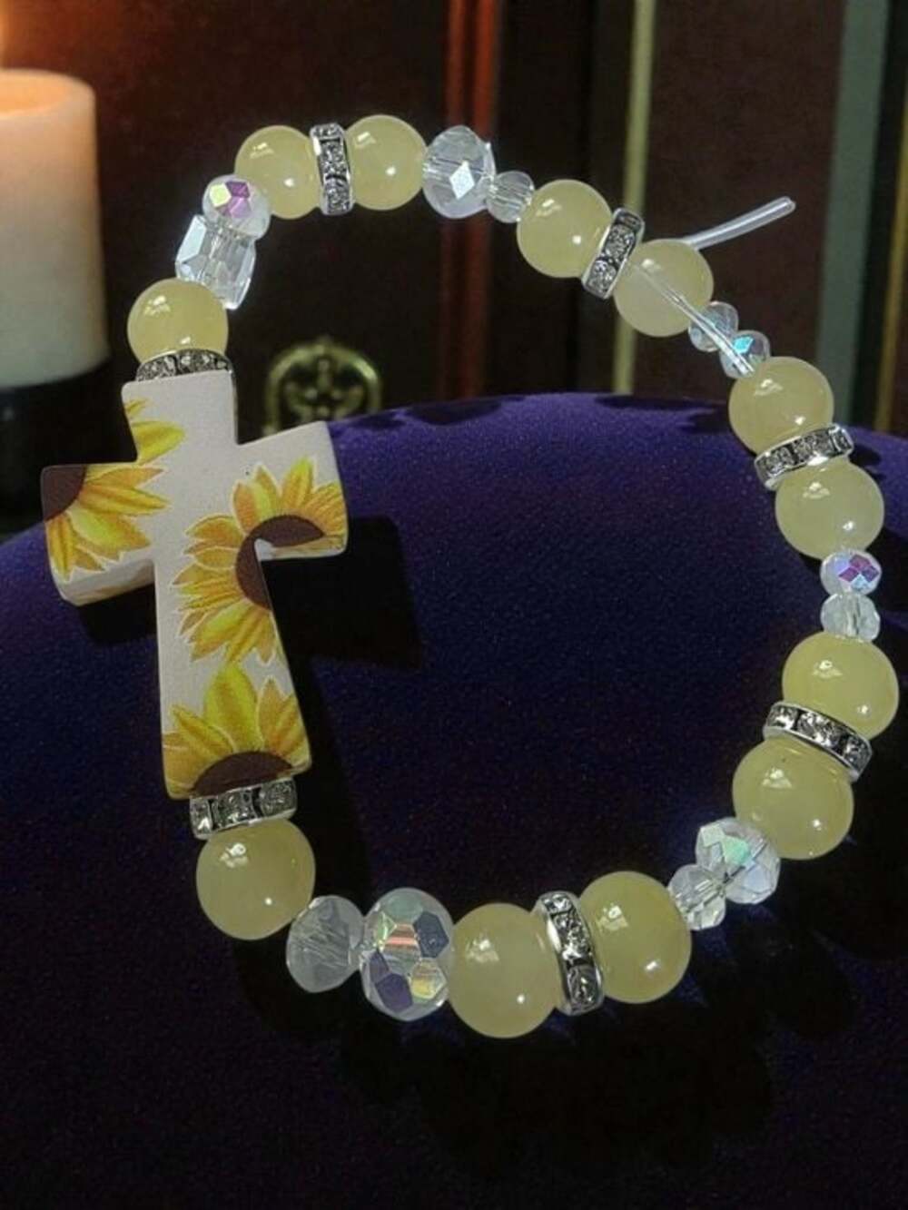 Sunflower Cross Beaded Stretch Bracelet - Yellow